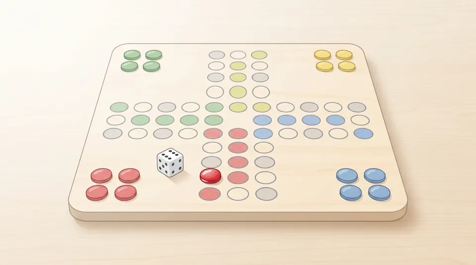 Fia - Leave the yard on a one or a six - illustrated Ludo board scene
