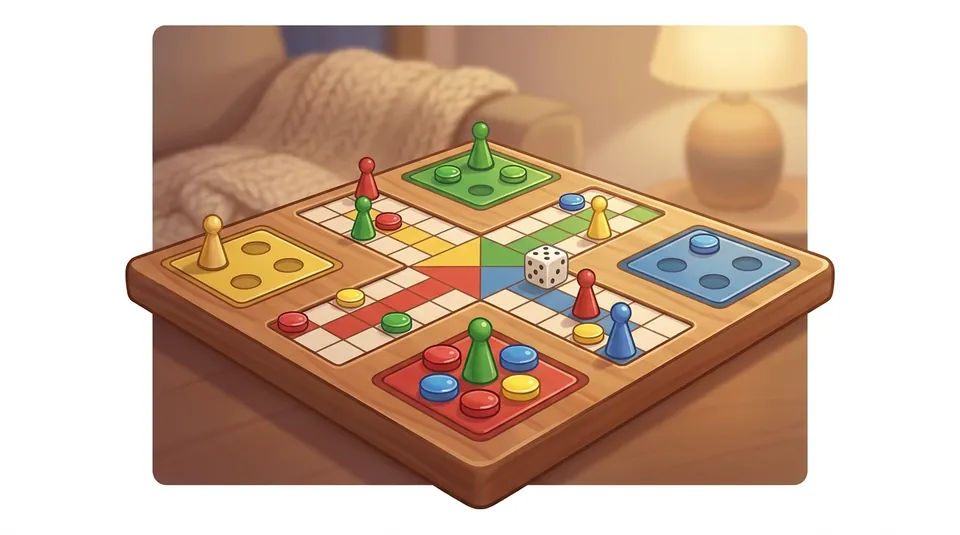 Mensch ärgere Dich nicht - Move when the die says move - illustrated Ludo board scene