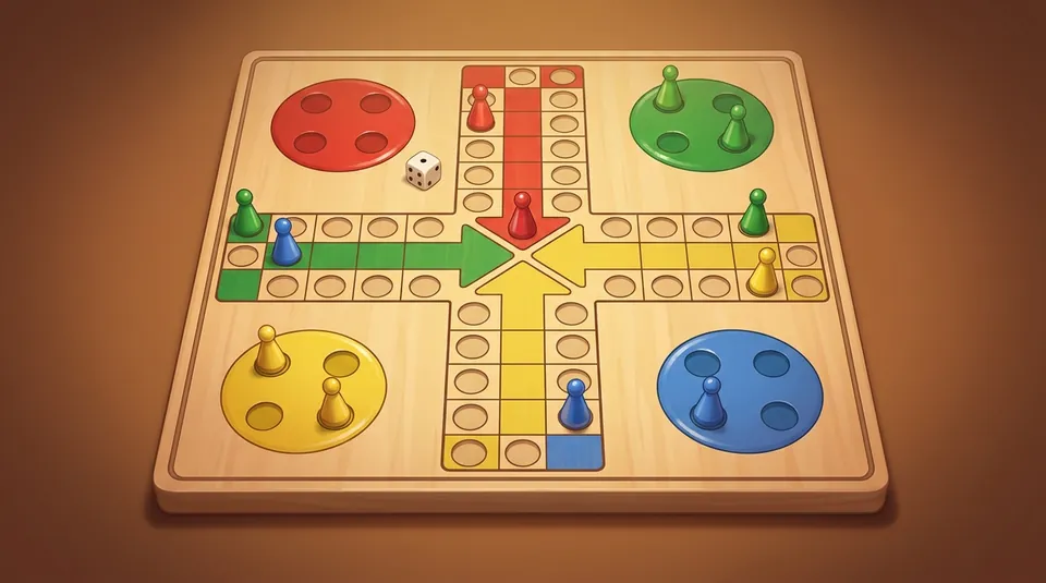 Mensch ärgere Dich nicht - Shepherd all four tokens home - illustrated Ludo board scene