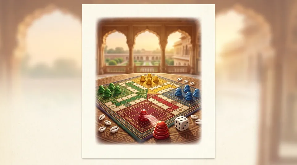 Pachisi - Throw six cowrie shells - illustrated Ludo board scene