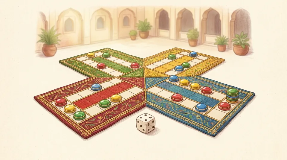 Pachisi - Enter the board with graces - illustrated Ludo board scene