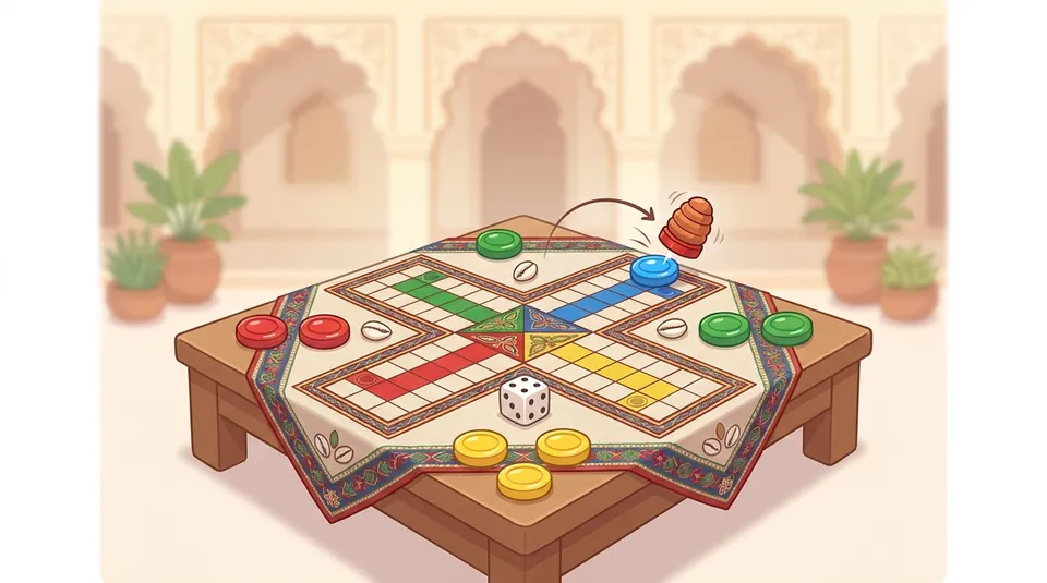 Pachisi - Pick the piece for each throw - illustrated Ludo board scene