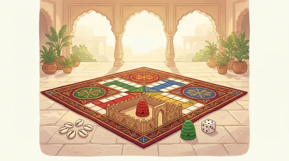 Pachisi - Hold the twelve castles - illustrated Ludo board scene