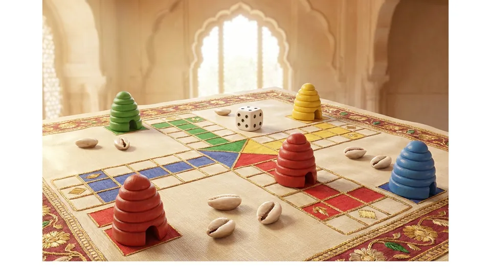 Pachisi - Capture, then bring them home - illustrated Ludo board scene