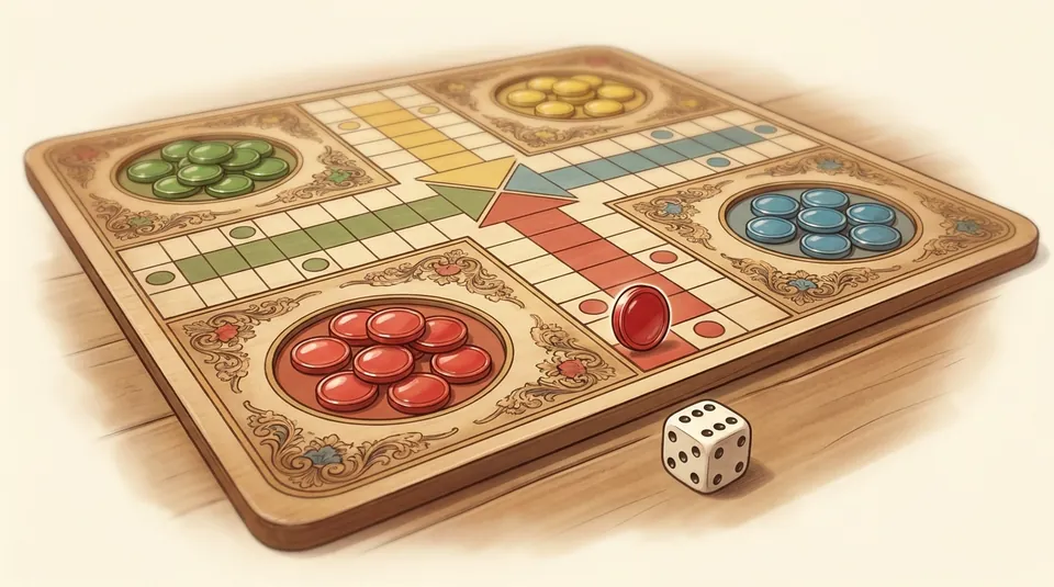 Parcheesi - Leave the nest on a five - illustrated Ludo board scene