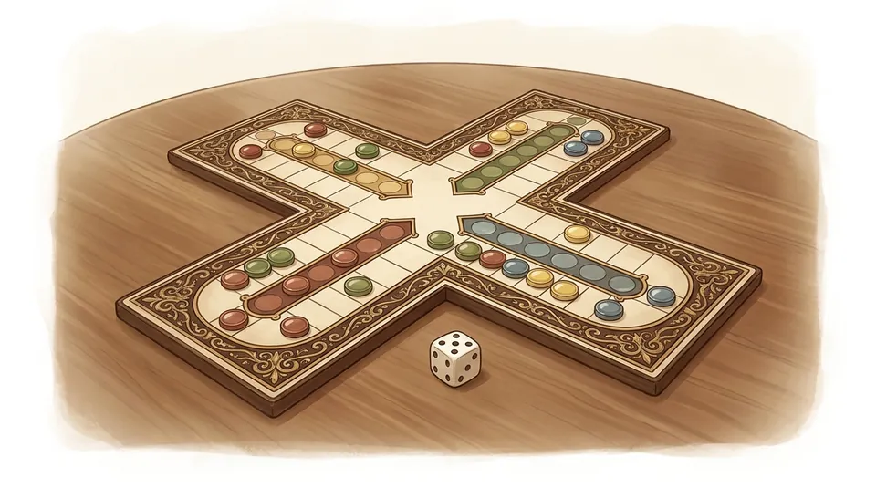 Parcheesi - Throw two dice, make two moves - illustrated Ludo board scene