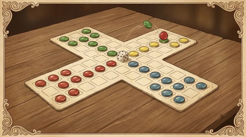 Parcheesi - Ride your doubles - carefully - illustrated Ludo board scene