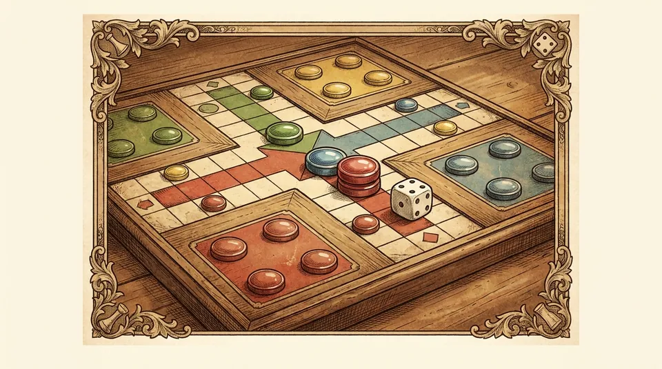 Parcheesi - Wall the track with blockades - illustrated Ludo board scene