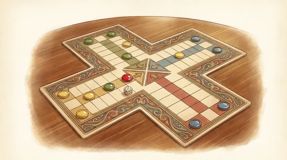 Parcheesi - Cash your bonuses and finish - illustrated Ludo board scene