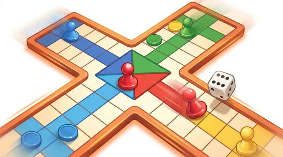Quick Ludo - Pick which token takes the roll - illustrated Ludo board scene