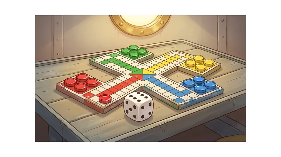 Uckers - Throw two dice and spend both - illustrated Ludo board scene